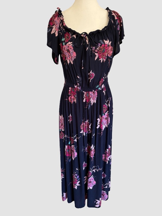 Patrons of Peace Dresses & Skirts - Patrons of Peace Dark Blue Floral Ruffled Sleeve Feminine Casual Midi Dress-Sz-L